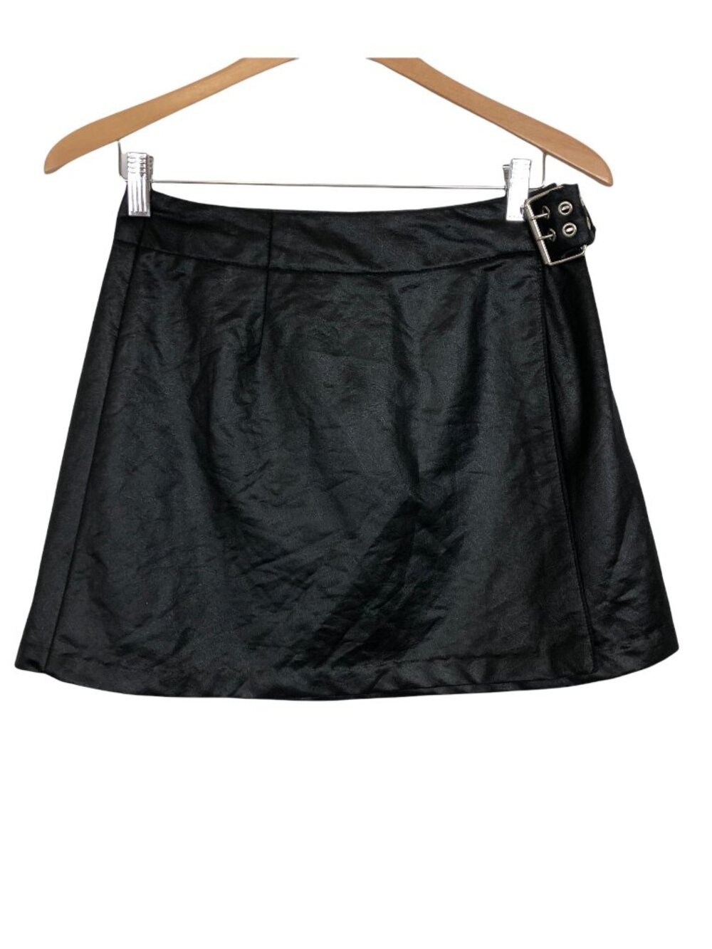 Vtg Y2K Mini Vegan Leather Wrap Skirt 11 Jrs Vegan Big Buckle Black Rocker USA